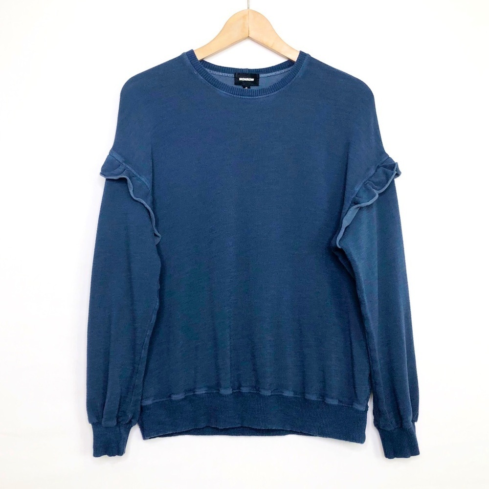 Monrow Blue Ruffled shoulder Sweatshirt